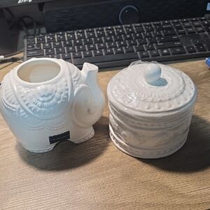 White Elephant Teapot and Lidded Jar Set